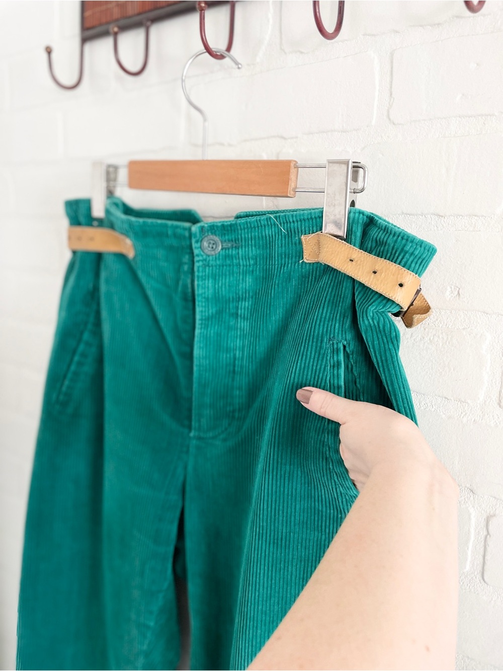 Vintage 70s Emerald Teal Corduroy Barrel Pants Leather Side Tabs Archive Size 10 - Picture 4 of 16